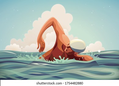 Professional athlete doing freestyle swimming in open water, illustration in flat style