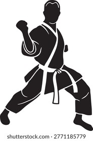 Professional athlete performing kata. Black man figure in kimono. Martial arts training. Sports vector icon.