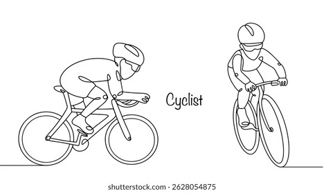 A professional athlete in a protective helmet participates in a cycling race. He rides a bicycle at high speed. A cyclist drawn with a continuous line from different angles.