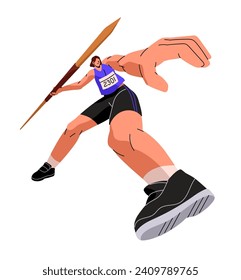 Professional athlete throws javelin. Sportswoman prepares, swings to toss dart, spear. Sportsman training. Track and field sport. Dynamic motion. Flat isolated vector illustration on white background