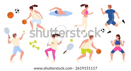 Professional athletes in different dynamic physical training actions, sport exercises in gym set. Active characters play basketball and soccer, tennis, run marathon cartoon vector illustration