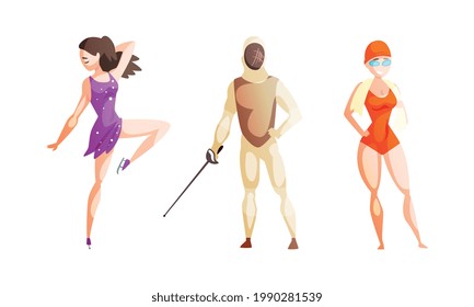 Professional Athletes Doing Sports Set, Girl Figure Skater, Swimmer, Man Fencer Cartoon Vector Illustration