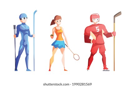 Professional Athletes Doing Sports Set, Male Skier, Hockey Player, Girl Tennis Player Cartoon Vector Illustration