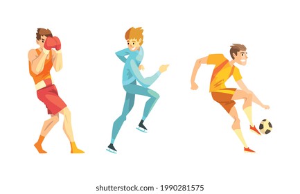Professional Athletes Doing Sports Set, Male Boxer, Short Track Speed Skater, Soccer Player Cartoon Vector Illustration