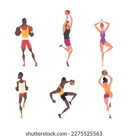 Professional athletes doing sports set. Male and female characters boxing, playing basketball, volleyball and doing yoga cartoon vector illustration