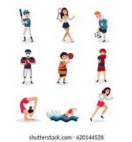Professional athletes set of baseball tennis soccer rugby basketball boxing gymnastics swimming running kinds of sport isolated vector illustration