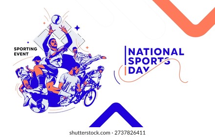 Professional athletes from various disciplines including volleyball, soccer, and cycling gathered for a National Sports Day event. Ideal for sports festival banners and community health promotion. 