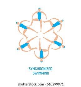 Professional athletes womens team of synchronized swimming perform in the water art figure, vector illustration in flat style. Competitions in synchronized swimming