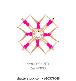 Professional athletes womens team of synchronized swimming perform in the water art figure, vector illustration in flat style. Competitions in synchronized swimming