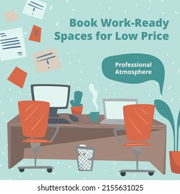 Professionelle Atmosphäre in der Arbeit bereit Platz für günstigen Preis Miete. Buchen Sie einen gemeinsamen Arbeitsplatz für Mitarbeiter, Büro für Arbeiter mit Möbeln und Dekoration, Innenausstattung des Zimmers. Vektorgrafik im Flachstil