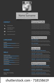 Professional atypical resume cv on dark background