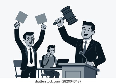Professional auctioneer standing at a podium and raising a wooden gavel while enthusiastic bidders raise their signs to place bets.