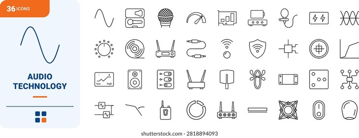 Professional audio equipment line icon set representing sound engineering gear. This thin linear illustration covers wireless transmitters, receivers, and studio tools.