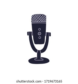 Professional audio equipment for recording videos and vocals, microphone on coasters trendy hand drawn style. Blog, live streams and vlog record concept. Flat vector isolated illustration.