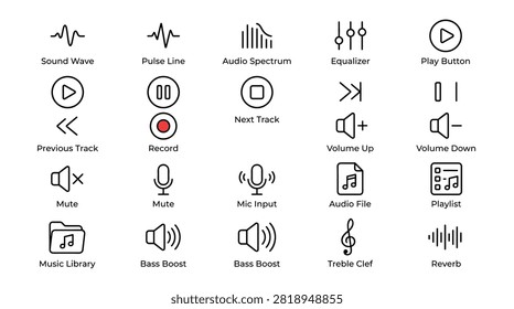 Professional audio interface icon set showcasing music production controls including play buttons sound waves audio spectrum equalizers volume management recording tools playback settings and library management symbols for digital media editing software.