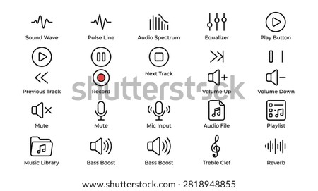 Professional audio interface icon set showcasing music production controls including play buttons sound waves audio spectrum equalizers volume management recording tools playback settings and library management symbols for digital media editing software.