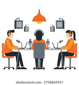 Professional audio recording session featuring three hosts and guests. Vector illustration of broadcast studio with hanging lamp and sound dampening panels on walls.