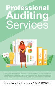Professional auditing services poster flat vector template. Financial analysis, business analytics brochure, booklet one page concept design with cartoon characters. Accounting flyer, leaflet