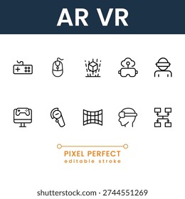 Professional augmented and virtual reality icon pack featuring headset, metaverse and immersive digital experience symbols