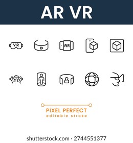 Professional augmented and virtual reality icon pack featuring headset, metaverse and immersive digital experience symbols