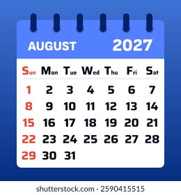 Professional August 2027 calendar with a clean grid format. Perfect for planners, work schedules, and personal use.