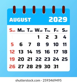 Professional August 2029 calendar with a structured layout. Ideal for setting goals, scheduling projects, and maintaining an organized routine.