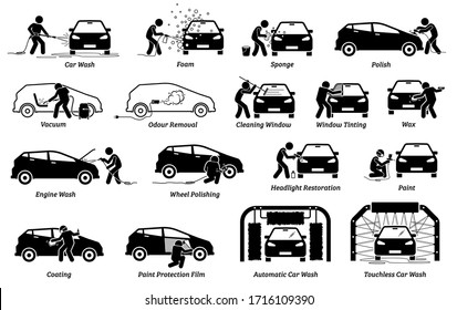 Professional auto car detailer icons set. Vector illustrations of auto car detailing services of car wash, polishing, cleaning, waxing, repainting, ceramic coating, and paint protection film. 