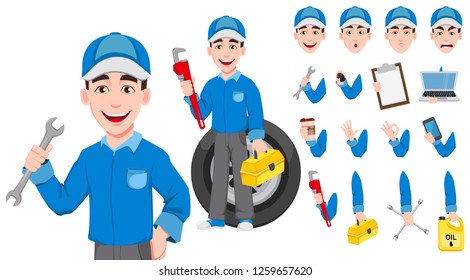 Professional auto mechanic in uniform. Expert service worker. Handsome cartoon character creation set. Pack of body parts, emotions and things. Build your personal design. Vector illustration