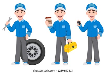 Professional auto mechanic in uniform, set of three poses. Smiling cartoon character holds wrench, holds coffee and holds car keys. Expert service worker. Vector illustration