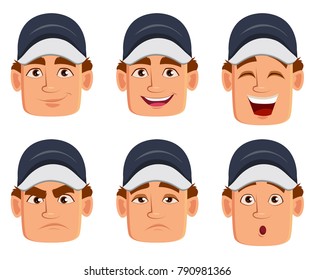 Professional auto mechanic in uniform, set with various facial expressions. Cartoon character. Vector illustration