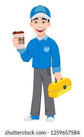 Professional auto mechanic in uniform. Smiling cartoon character holds toolbox and coffee. Expert service worker. Vector illustration