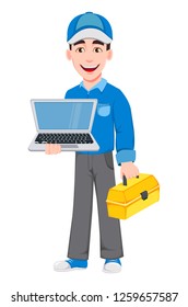 Professional auto mechanic in uniform. Smiling cartoon character holds toolbox and laptop. Expert service worker. Vector illustration