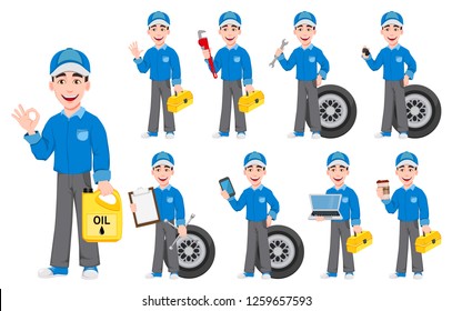 Professional auto mechanic in uniform. Smiling cartoon character holds toolbox and coffee. Expert service worker. Vector illustration