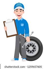 Professional auto mechanic in uniform. Smiling cartoon character stands near wheel and holds clipboard and wheel wrench. Expert service worker. Vector illustration