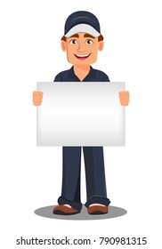 Professional auto mechanic in uniform. Smiling cartoon character holding blank placard. Expert service worker. Vector illustration
