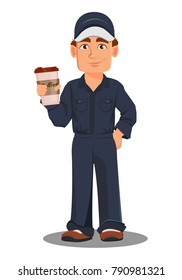 Professional auto mechanic in uniform. Smiling cartoon character holding cup of coffee. Expert service worker. Vector illustration