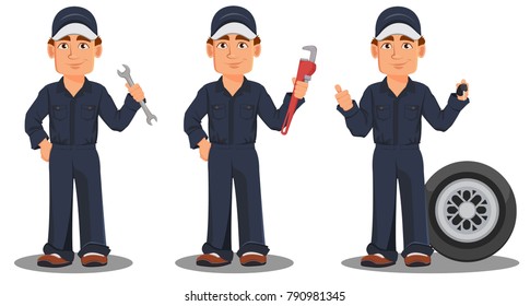 Professional auto mechanic in uniform. Smiling cartoon character, set with wrench, pipe wrench and car wheel. Expert service worker. Vector illustration