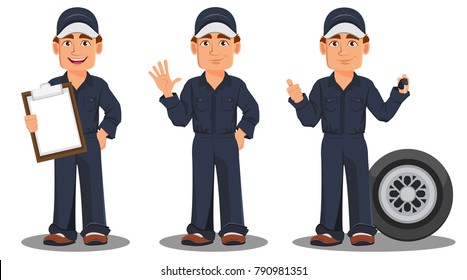 Professional auto mechanic in uniform. Smiling cartoon character, set with checklist, car wheel and keys. Expert service worker. Vector illustration