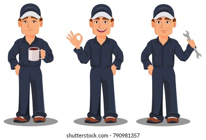 Professional auto mechanic in uniform. Smiling cartoon character, set with coffee, ok sign and wrench. Expert service worker. Vector illustration