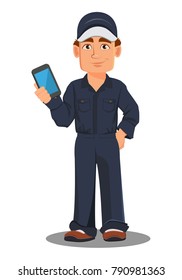 Professional auto mechanic in uniform. Smiling cartoon character holding smartphone. Expert service worker. Vector illustration