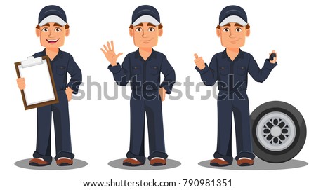 Professional auto mechanic in uniform. Smiling cartoon character, set with checklist, car wheel and keys. Expert service worker. Vector illustration