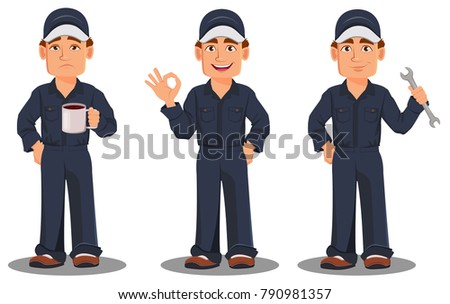 Professional auto mechanic in uniform. Smiling cartoon character, set with coffee, ok sign and wrench. Expert service worker. Vector illustration