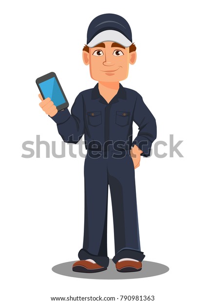 Professional auto mechanic in uniform.\
Smiling cartoon character holding smartphone. Expert service\
worker. Vector\
illustration