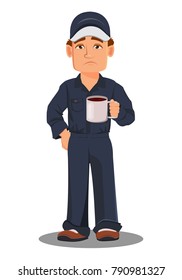 Professional auto mechanic in uniform. Tired cartoon character holding hot drink (coffee or tea). Expert service worker. Vector illustration