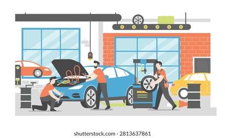 Professional auto mechanics working together to repair a blue car with its hood open in a modern garage workshop.