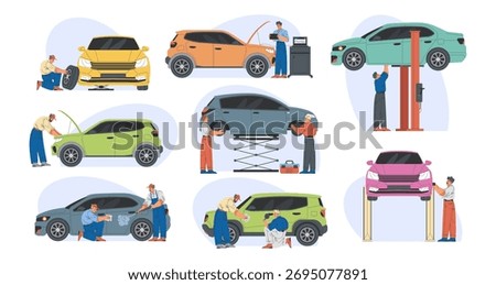 Professional auto mechanics working. Vector set of technicians inspecting engines, using diagnostic tools and replacing parts on vehicles lifted by hydraulic platforms. Car repair and maintenance