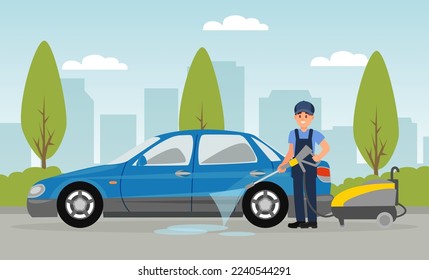 Professional auto service worker in uniform washing car with water flat vector