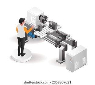 Ilustración isométrica plana del operador de la máquina de lathe cnc automática profesional