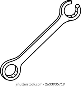 Professional automotive flare nut wrench with narrow opening for brake and clutch lines. Essential hand tool for fuel pumps, sensors and hydraulic connections. Vector outline icon.
