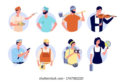 Professional avatars. Different profession people with work tools and equipment. Woman man teacher, doctor builder policeman vector set